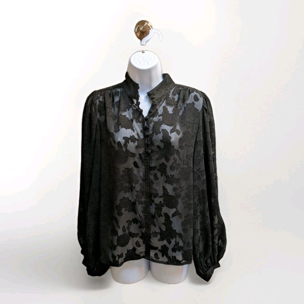 Banana Republic Black Jacquard Floral Sheer Sleeve Blouse Sz M Whimsygoth Fairy